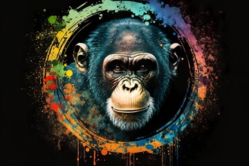 Portrait of a chimpanzee in a colorful splash paint circle