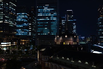 Fototapeta na wymiar A night panoramic cityscape in Marunouchi Tokyo wide shot