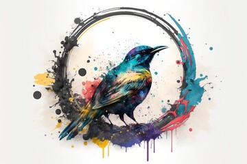 Small exotic bird in a colorful splash paint circle