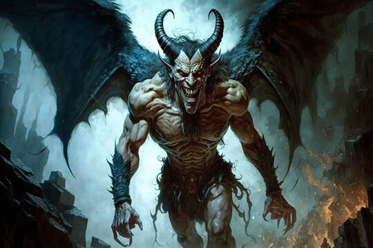 Scary horned demon with wings ascending from the city of the dead