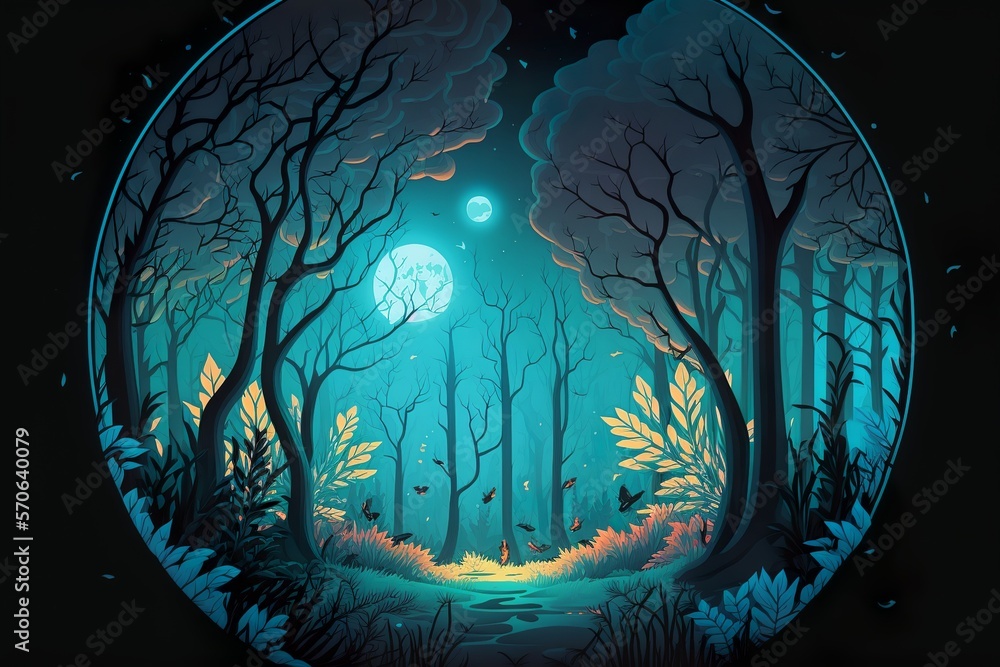 Wall mural beautiful forest silhouette with trees and full moon in a circle with blue gradient color