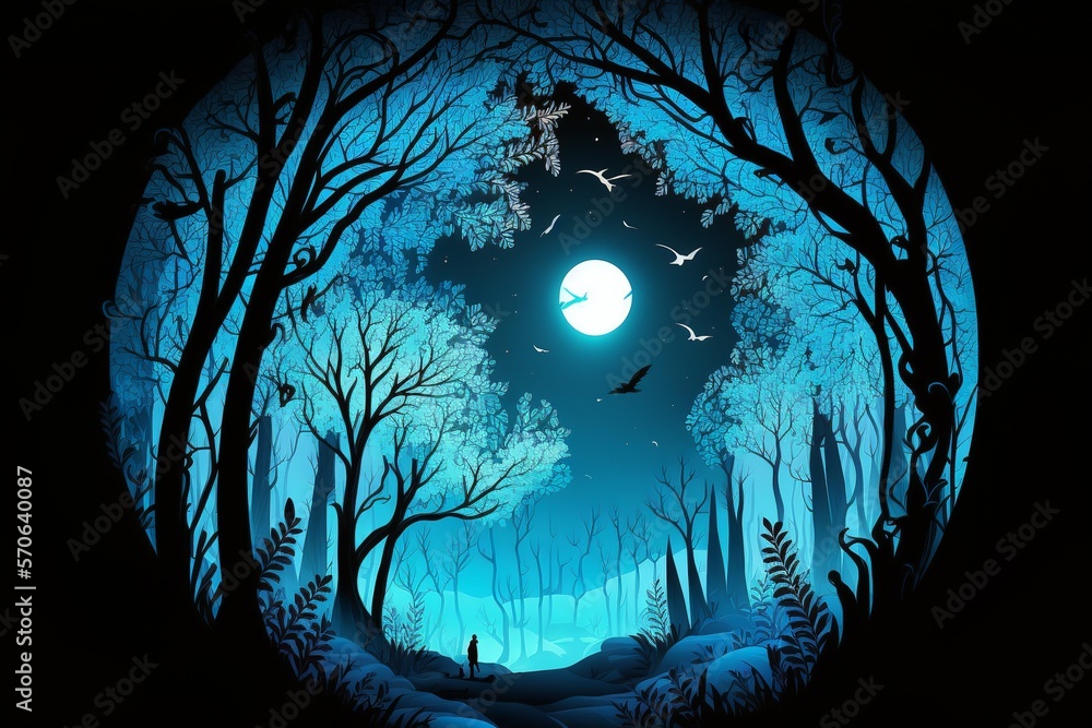 Wall mural beautiful forest silhouette with trees and full moon in a circle with blue gradient color