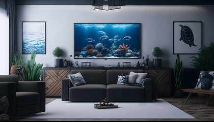 Living room in mint teal - turquoise color wall and sofa. Monochrome modern minimal interior design. A room with an empty wall for mockup art. Modern home. 3d rendering