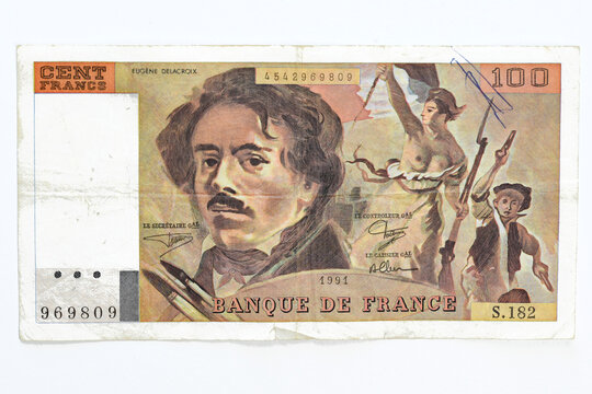 Den Helder, Netherlands. February 2023. An old bank bill of 100 French francs.