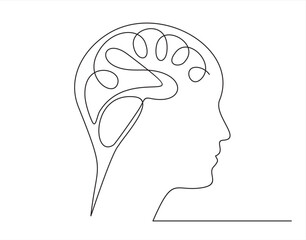 continuous stylized modern drawing of a human head and brain. flat vector linear illustration on a white background. drawing thoughts  in a man's head in one line