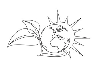 Single continuous one line art growing sprout. Plant leaves grow planet Earth seedling eco natural concept design sketch drawing vector illustration art