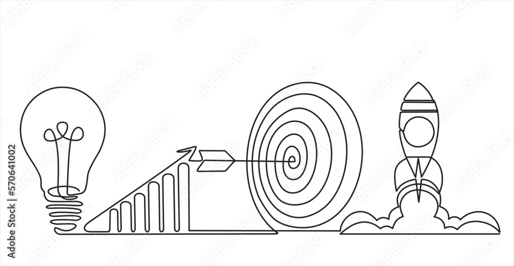 Aufkleber continuous one line drawing of light bulb with a dart board, increasing up arrows bar graph and rock