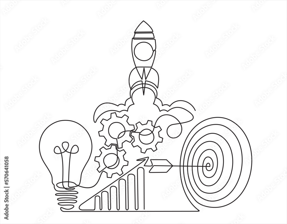 Fototapete continuous one line drawing of light bulb with a dart board, increasing up arrows bar graph and rock