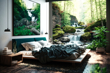 bedroom in a lush forest, stream and waterfall in the background. Idea for interior design. AI