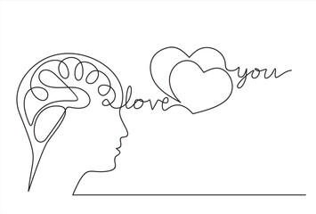 Continuous one line drawing of human head with hearts with inscription  