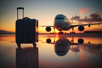 A suitcase in foreground with an airplane as background at sunset in an airport. Concept: Travelers with problems with the airlines because of the baggage. Generative ai