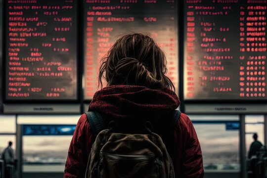 A Female Traveler Looks At A Timetable Panel With All The Flights Cancelled Or Delayed. Generative Ai