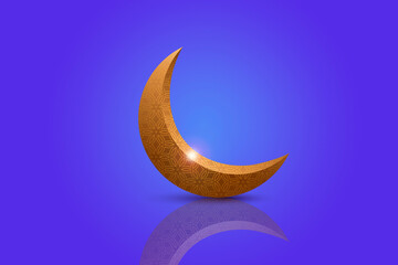 Plakat Islamic ramadan kareem display background with 3d rendering of arabian crescent moon. Ramadhan mubarak, isra miraj and eid al fitr concept Eid al adha bakra Eid isolated blue background 