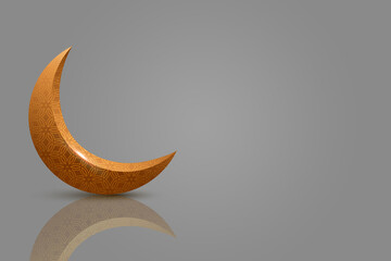 Obraz na płótnie Canvas Islamic ramadan kareem display background with 3d rendering of arabian crescent moon. Ramadhan mubarak, isra miraj and eid al fitr concept Eid al adha bakra Eid isolated grey background 