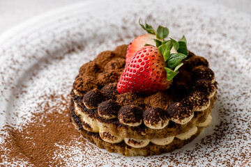 piece of sweet dessert on small dish plate for serve like chocolate strawberry cheesecake custard waffle and ice cream with berries on white mulberry paper.