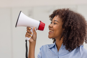 Business black african woman shouting on the megaphone. making Comment, reply, fail, notice and announcement, advertising, screaming Speech and announce concept