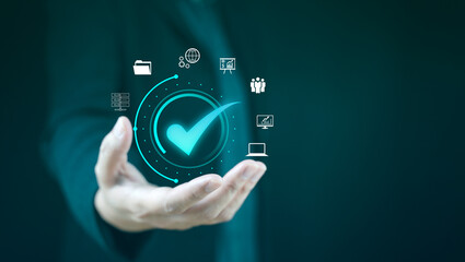 .service guarantee, Validation concept for business process automation, quality assurance management, certification, digital transformation. businessman touching checked icon on virtual screen..