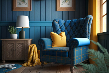 Interior design of living room with blue armchair and yellow plaid. Rattan furniture in room with paneling wall. Farmhouse or boho style home interior. Idea for interior design. AI