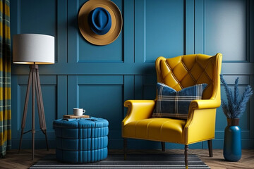 Interior design of living room with blue armchair and yellow plaid. Rattan furniture in room with paneling wall. Farmhouse or boho style home interior. Idea for interior design. AI