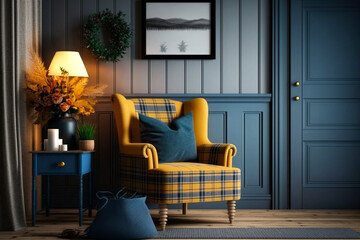 Interior design of living room with blue armchair and yellow plaid. Rattan furniture in room with paneling wall. Farmhouse or boho style home interior. Idea for interior design. AI
