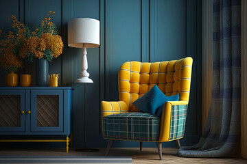 Interior design of living room with blue armchair and yellow plaid. Rattan furniture in room with paneling wall. Farmhouse or boho style home interior. Idea for interior design. AI