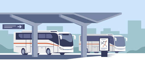 Intercity bus station.Waiting terminal for passenger carriage.  Vector illustration. - obrazy, fototapety, plakaty