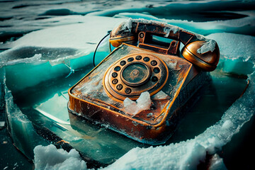 3d image of a grunge vintage phone frozen in time. An ancient vintage handset covered with ice. Somewhere in a cold forgotten place