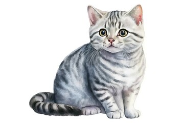 American Shorthair Cat Watercolor Illustration on White Background, Isolated