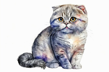 Grey Scottish Fold Cat Watercolor Illustration on White Background. Isolated