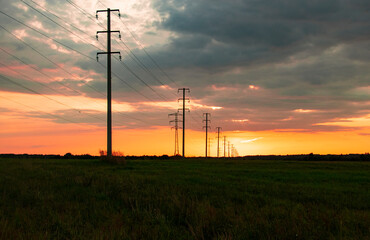 Row of silhouettes of electric power poles on field with green grass at colorful sunset