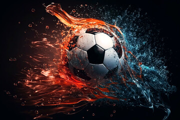flying soccer ball in multicolored splashes of water. Generative AI