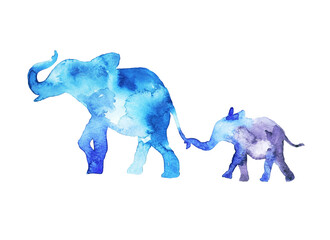 Elephant family walk. Mom and child. Watercolor in blue tones. - 570647032