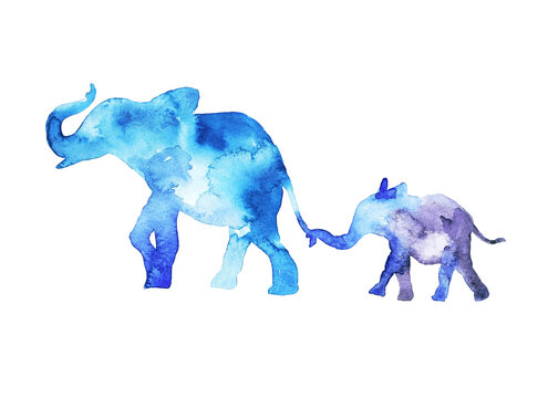 Elephant family walk. Mom and child. Watercolor in blue tones.