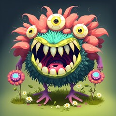 Fototapeta premium In game single monster design flower shape cartoon style by Generative AI