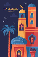 Islamic Ramadan Kareem holiday greeting card design with traditional town landscape. Cartoon style vector illustration