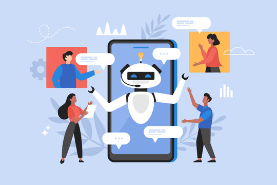 Artificial intelligence chat service business concept. Modern vector illustration of people using AI technology and talking to chatbot
