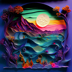 Fantasy Landscape Paper quilling created with Generative AI Technology