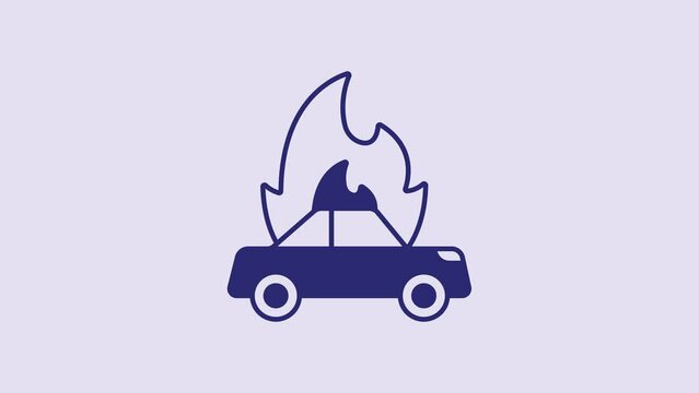 Blue Burning car icon isolated on purple background. Insurance concept. Car on fire. Broken auto covered with fire and smoke. 4K Video motion graphic animation