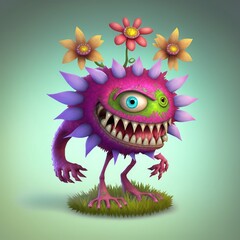 Fototapeta premium In game single monster design flower shape cartoon style by Generative AI