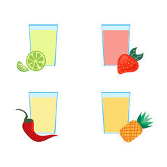 Set of 4 glasses with a cocktail. Modern web template for celebration decoration design. Flat Vector isolated illustration. Glass, lime, ananas, chili and strawberry.