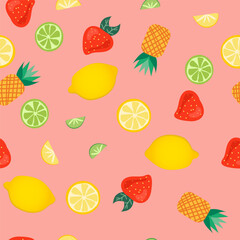 Pattern with colorful fruit pattern on pink background. Trendy textile design. Decorative textile seamless pattern. Flat vector illustration.