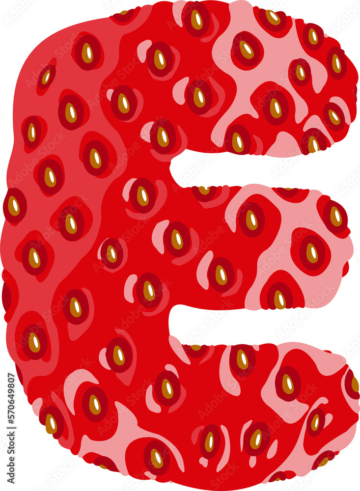 Poster strawberry font. letter e. alphabetical character with strawberry texture. character representing on