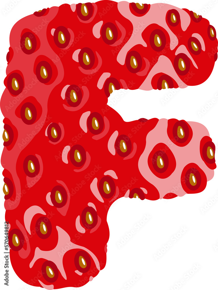 Poster strawberry font. letter f. alphabetical character with strawberry texture. character representing on