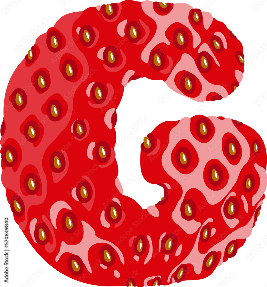 Poster strawberry font. letter g. alphabetical character with strawberry texture. character representing on