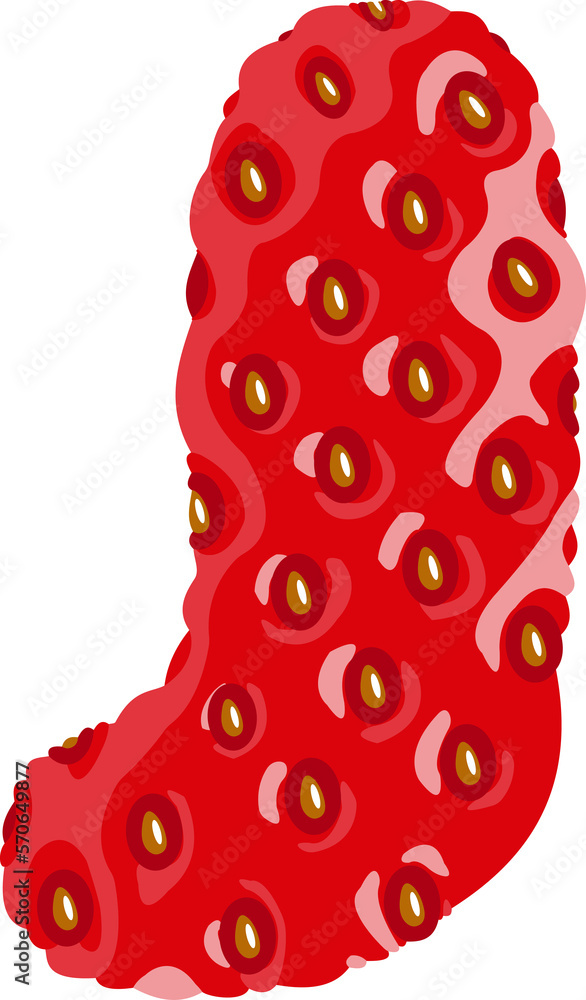 Poster strawberry font. letter j. alphabetical character with strawberry texture. character representing on
