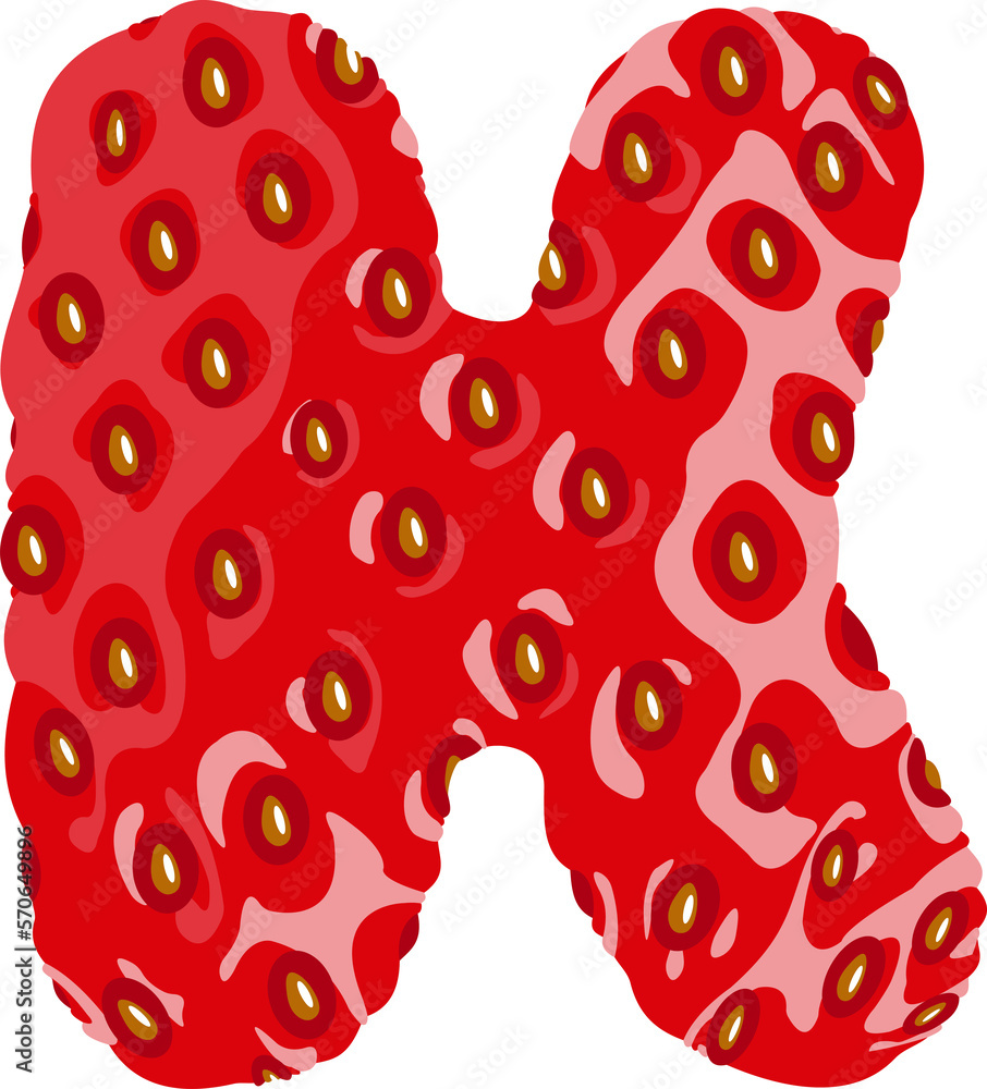Poster strawberry font. letter k. alphabetical character with strawberry texture. character representing on
