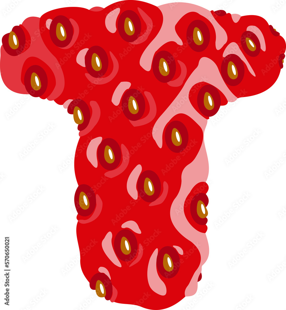 Poster strawberry font. letter t. alphabetical character with strawberry texture. character representing on