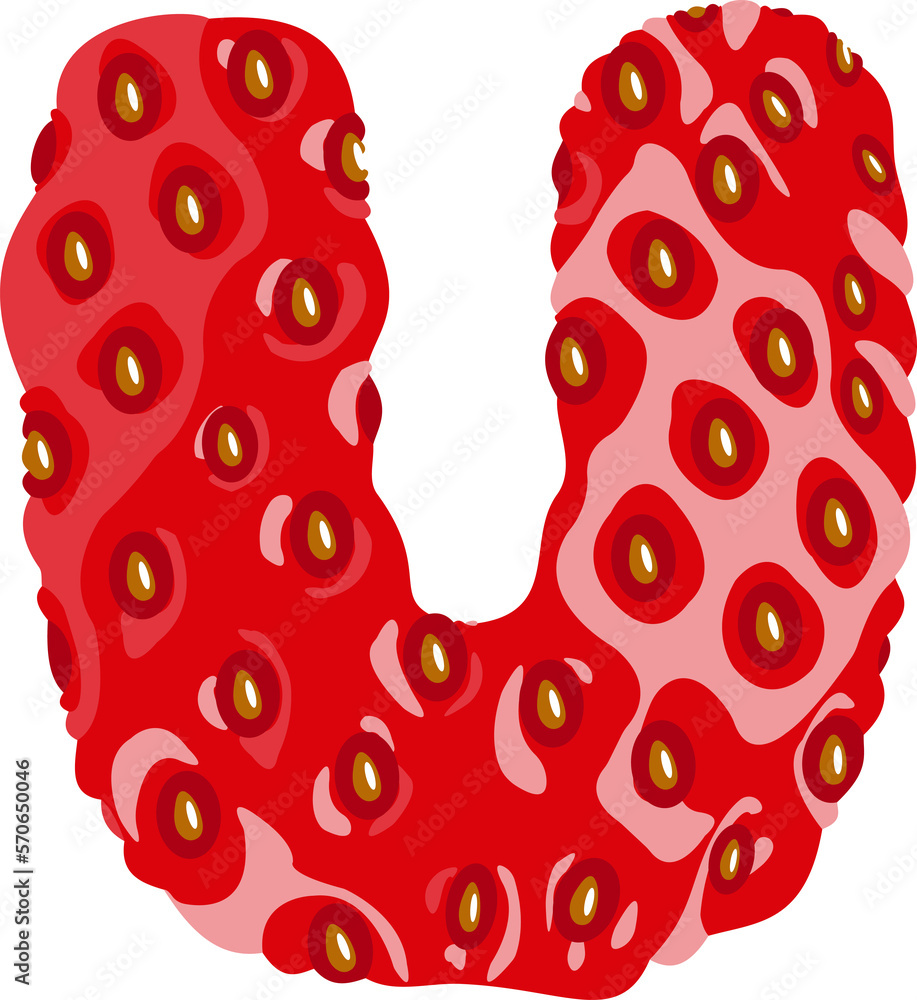 Poster strawberry font. letter u. alphabetical character with strawberry texture. character representing on