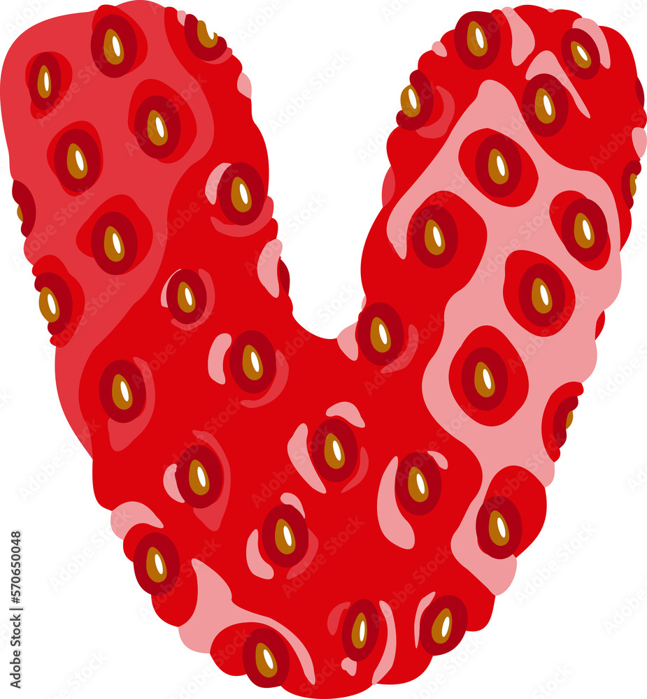 Poster strawberry font. letter v. alphabetical character with strawberry texture. character representing on
