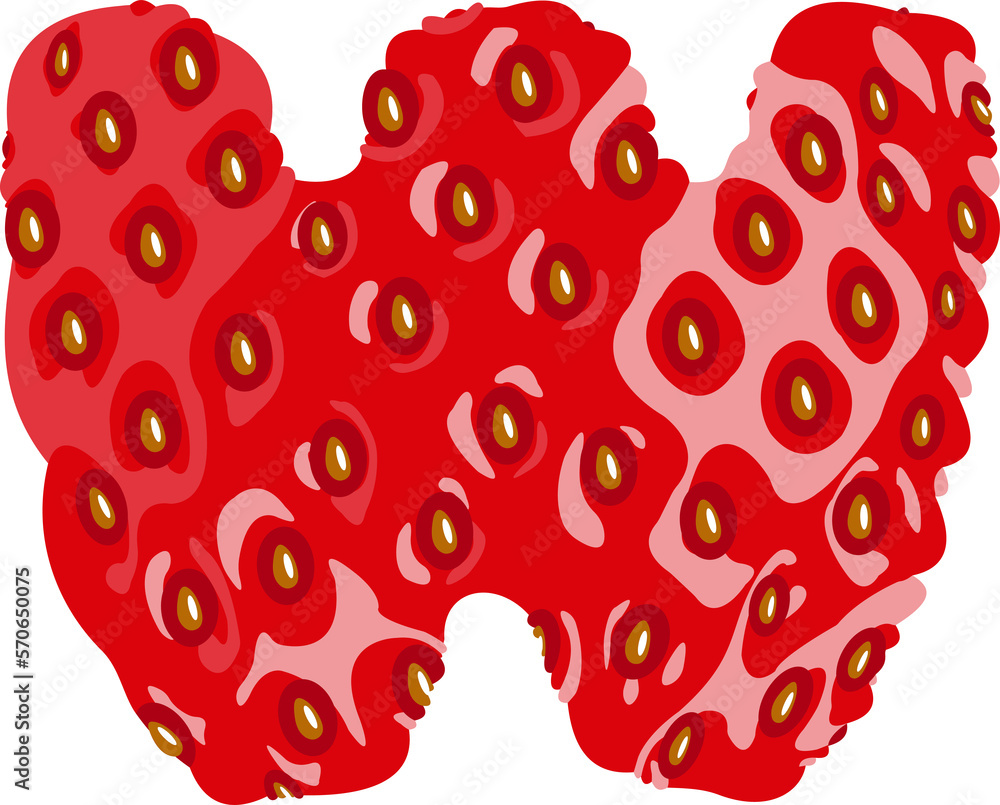 Poster strawberry font. letter w. alphabetical character with strawberry texture. character representing on